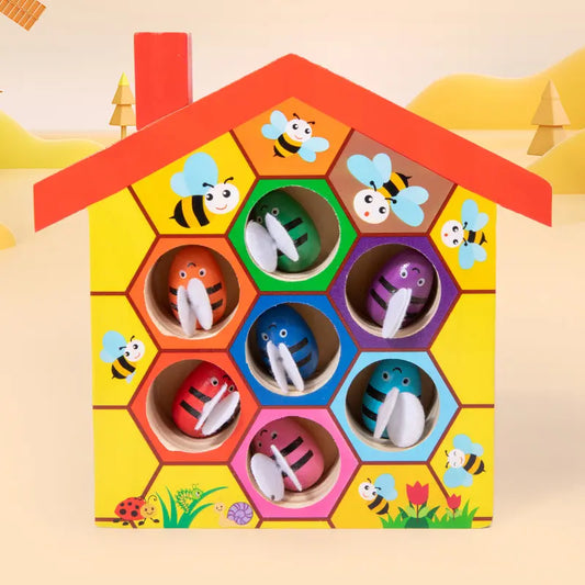 Wooden Montessori Beehive Game Toy for Kids, Early Educational Color Recognition Toy with Clamping Bees
