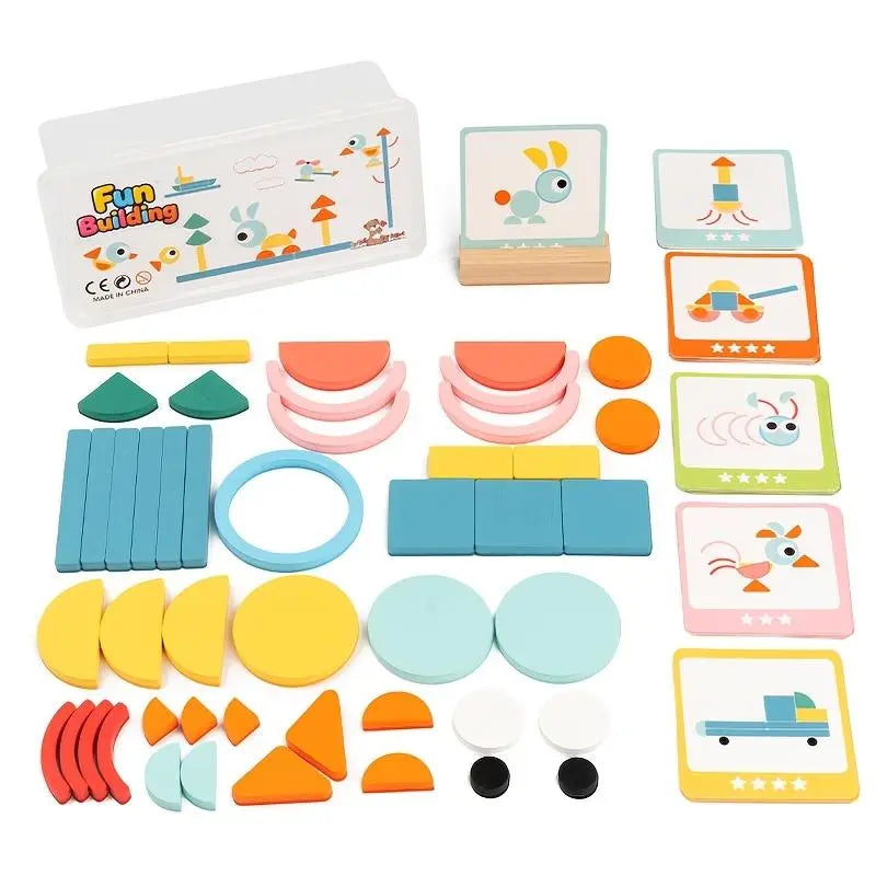 Unisex BPA-Free Wooden Geometric Puzzle Blocks - Safe Construction Toy, Cognitive Sports Play, Animals & Nature Theme, Children Development Trainer, Shape Matching Stacking Toy, Plastic Storage Box, Birthday Gift