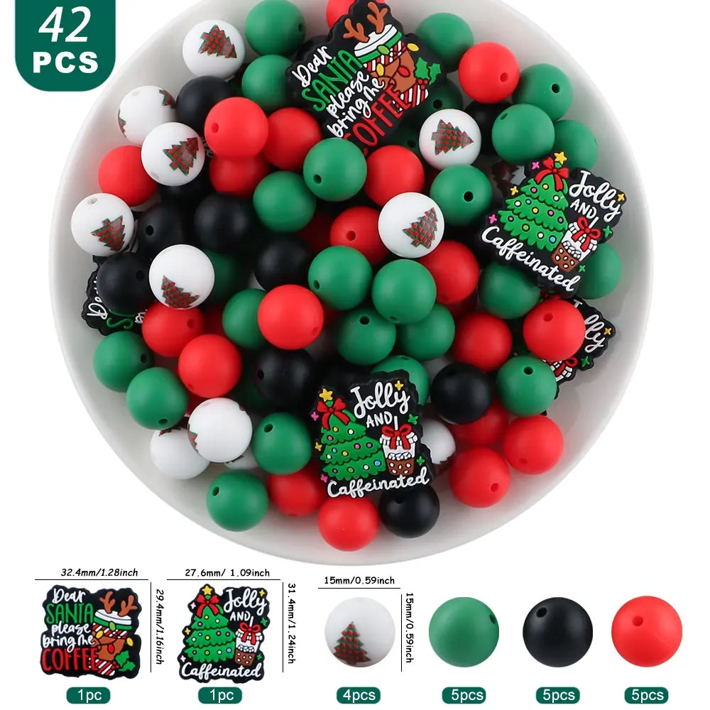 42pcs Halloween & Christmas Beads Set, Silicone Beads, Focal Beads, DIY Crafts, Pen Charms, Keychain Pendants, Holiday Decorations, Diy Beads Kit, Beading Kits, Beading Supplies, Beads And Accessories