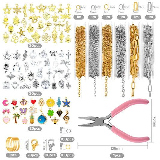 Stainless Steel Golden-Silvery Chain Bulk Pack for Jewelry Making - 19.7ft 6 Rolls Multiple Lengths, 348pcs Stylish Playful Charm Variety, Jump Rings, Lobster Clasps, Wire Beaded Beads, Wire Crafting Supplies for Bracelet, Necklace Projects