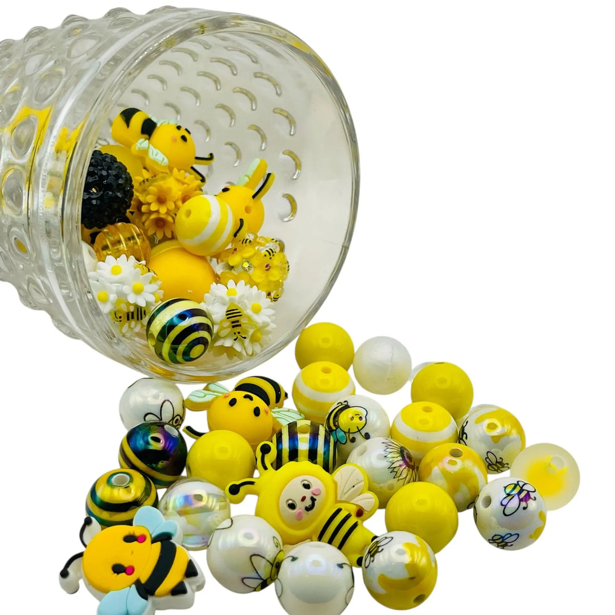 Bumble Bloom Bead Mix - Bee Silicone Beads & Yellow Black Themed Beads for DIY Crafts Mixed Acrylic Silicone Varies in Size Adjustable Beaded Design Beaded Mesh Beaded Tassel Charms