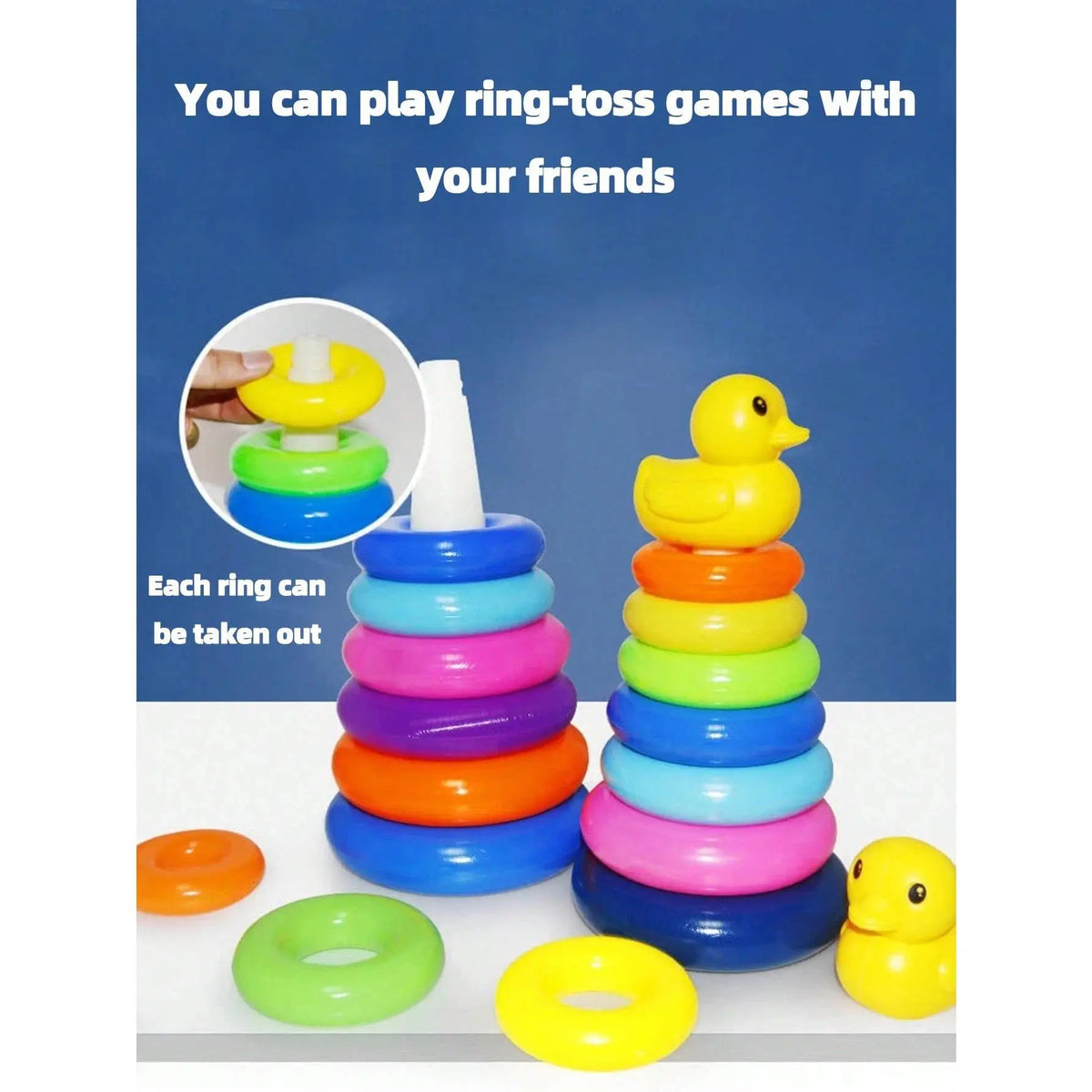 Unisex Yellow Duck Plastic Rainbow Stacking Rings & Circle Blocks Toy, Interactive Circle Toss Game, Classic Novelty Stress Relief Birthday Gift