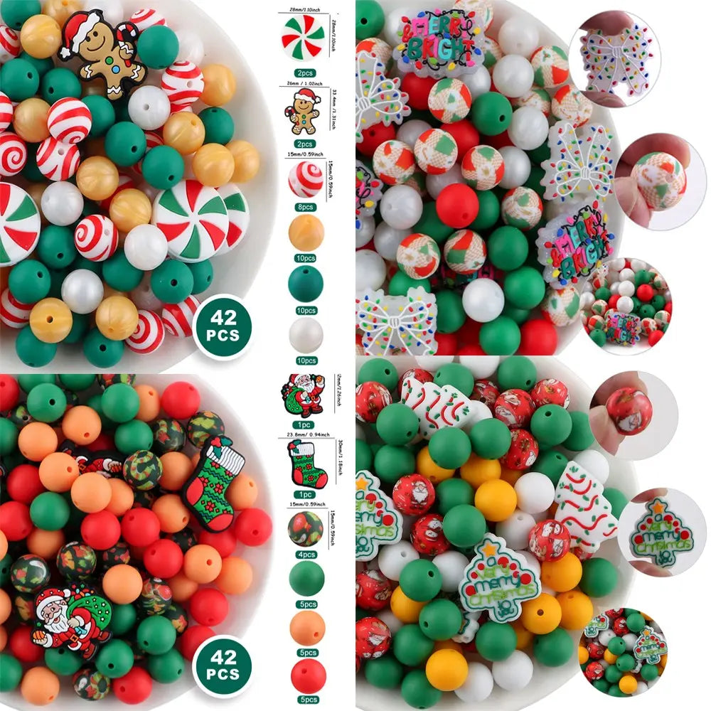 42pcs Halloween & Christmas Beads Set, Silicone Beads, Focal Beads, DIY Crafts, Pen Charms, Keychain Pendants, Holiday Decorations, Diy Beads Kit, Beading Kits, Beading Supplies, Beads And Accessories
