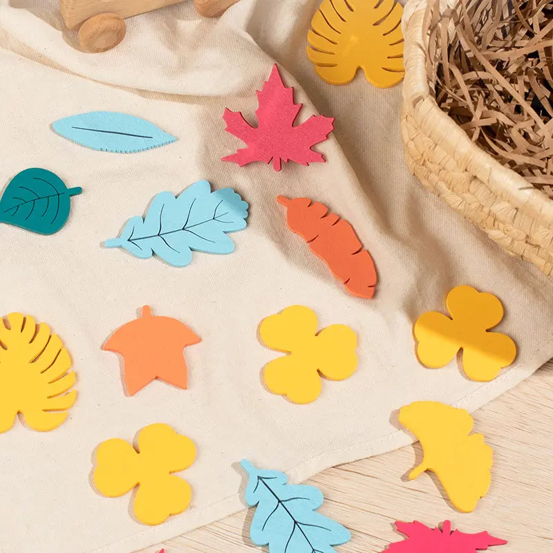 Wooden Leaf Shape Building Blocks - 27 Artificial Leaves, 0.1kg, 17*14*2.5cm Early Childhood Educational Toy for 4-6 Years Old Kindergarten Kids, Leaf Shapes, Children Development, CPC CE, LY-234