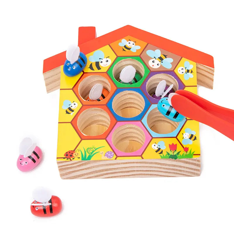 Wooden Montessori Beehive Game Toy for Kids, Early Educational Color Recognition Toy with Clamping Bees