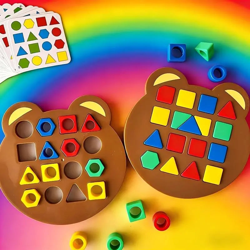Bear-Shaped Sorting Puzzle Set - 32pcs/64pcs (16 Beads,15 Cards,1 Base Plate/32 Beads,30 Cards,2 Base Plates) - Early Years 3-4 Years Children Development Home Matching Games Learning Toys
